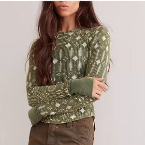 Free People Pretty Little Floral Thermal Top | Green Long Sleeve Waffle Knit